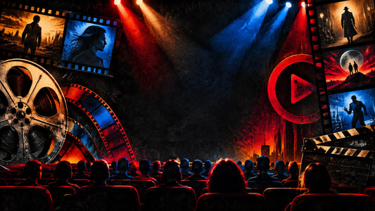 Cinematic weekly movie and TV news illustration with film reels, streaming symbols and dramatic red and blue lighting