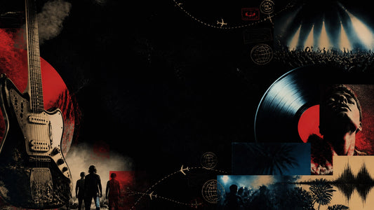 A cinematic collage of a vintage electric guitar, vinyl record and concert lights representing international music news