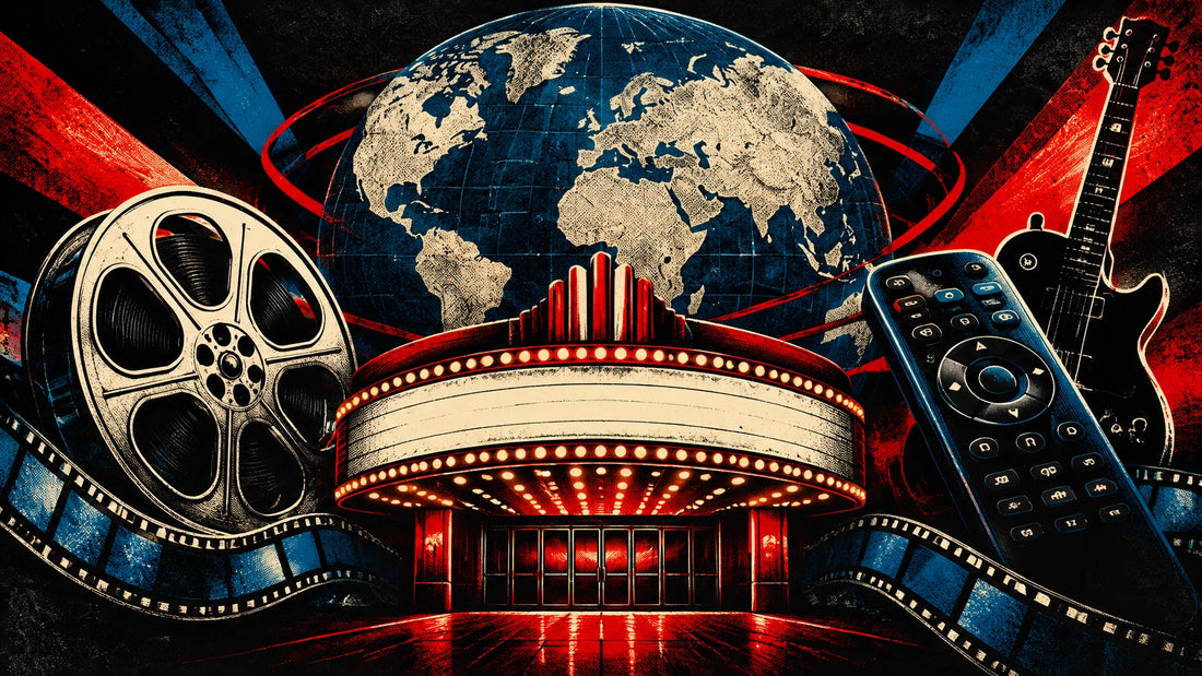 Vintage-inspired collage of cinema, streaming and global entertainment motifs