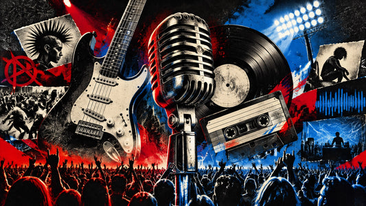 Electric guitar, concert microphone and vinyl records in a dramatic rock music collage