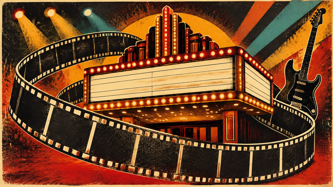A cinematic film reel and glowing theatre marquee in a vintage rock-poster style