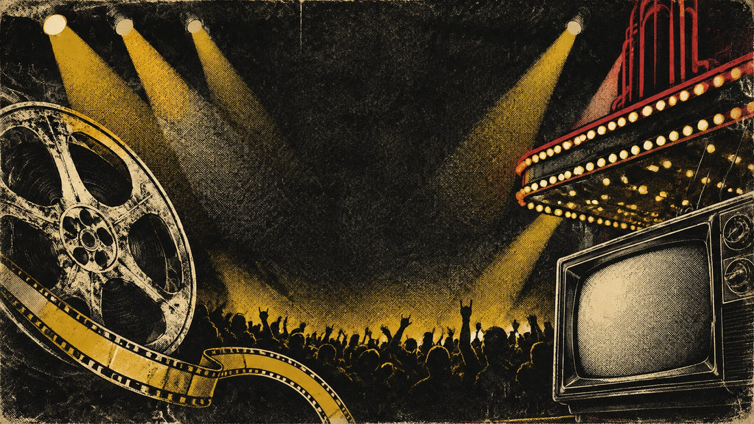 Vintage-inspired cinema and television editorial artwork in a classic rock poster style