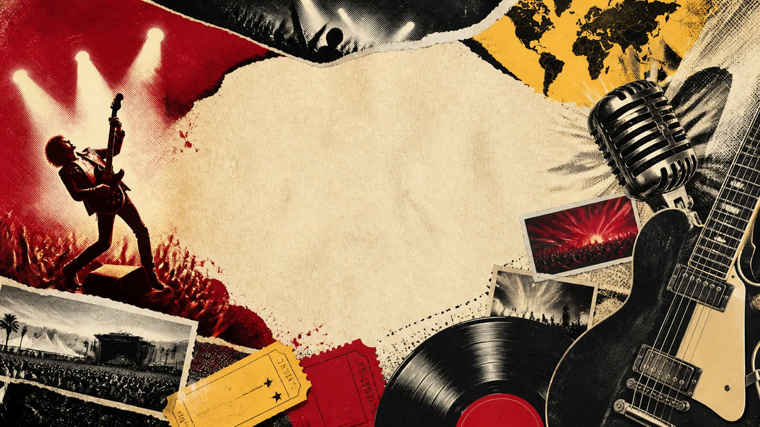 Classic Rock Universe-style collage of guitars, vinyl, concert lights and music news clippings