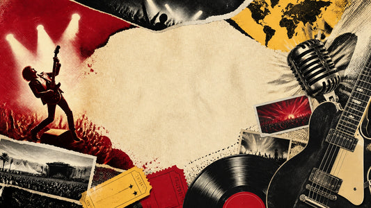 Classic Rock Universe-style collage of guitars, vinyl, concert lights and music news clippings