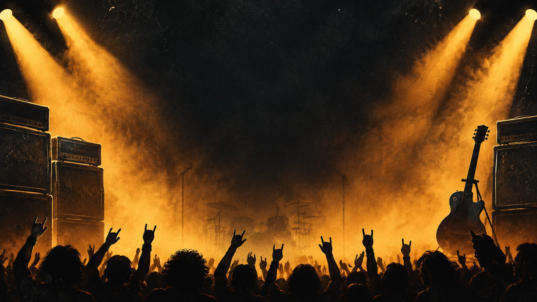 A dramatic rock stage with amber lights, amplifiers and a crowd in silhouette