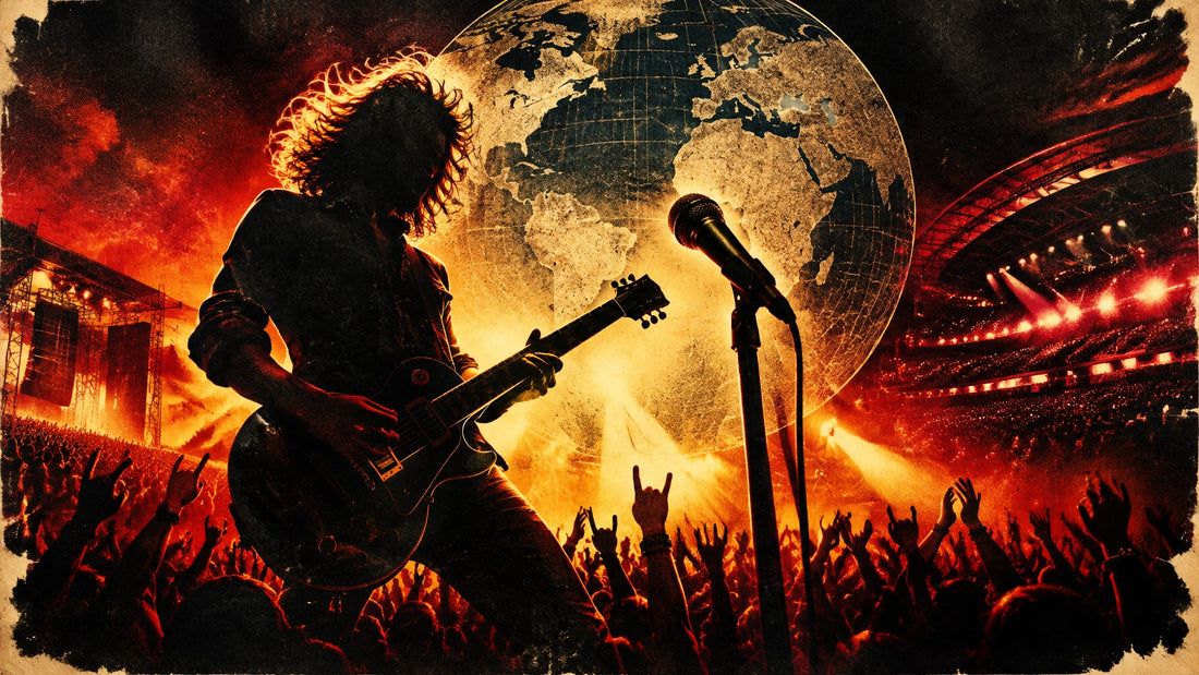 Vintage-inspired rock music scene with guitar, microphone, arena lights and a global touring motif