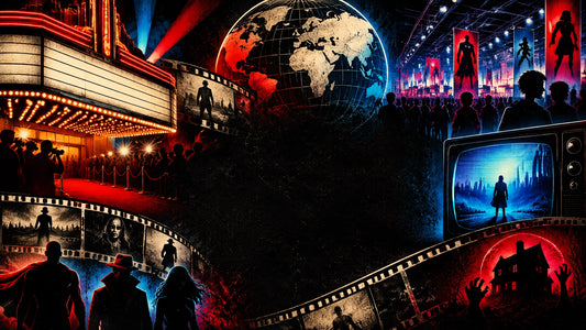 Cinematic collage of international movie and TV news with cinema lights, comic-con energy, film strips and rock-poster stylin