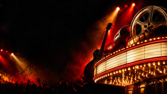 Classic rock-inspired cinema marquee with film reel, stage lights and electric guitar silhouette