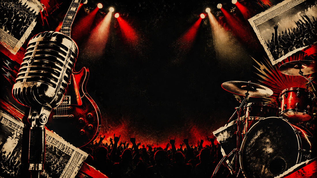 Classic Rock Universe-style collage of a microphone, electric guitar, concert lights and a festival crowd