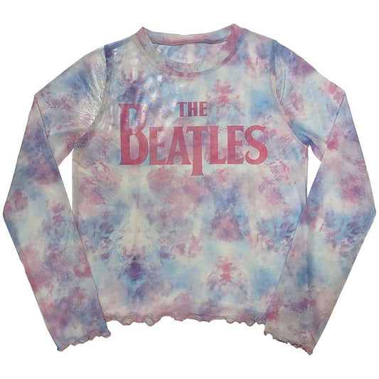 The Beatles Ladies Long Sleeve Mesh Crop Top: Drop T Logo