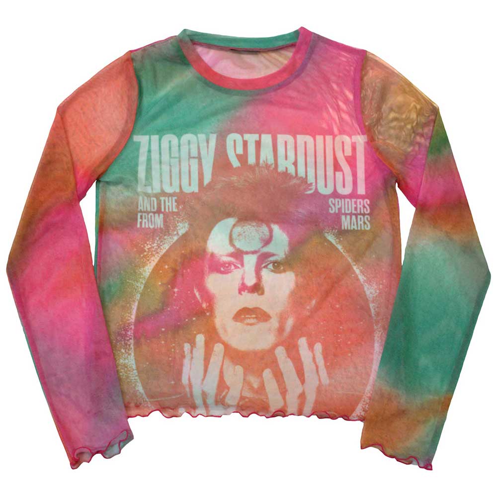 David Bowie Ladies Long Sleeve Mesh Crop Top: Ziggy v2