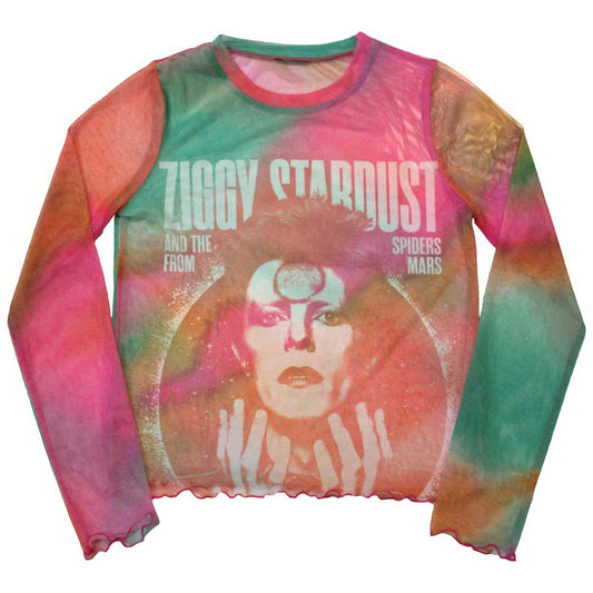 David Bowie Ladies Long Sleeve Mesh Crop Top: Ziggy v2