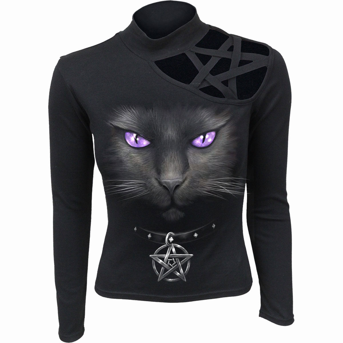 Spiral Ladies Pentagram Shoulder Top: Black Cat