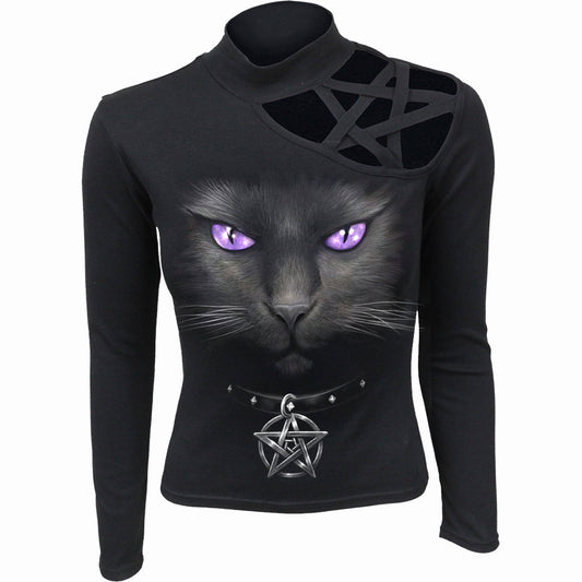 Spiral Ladies Pentagram Shoulder Top: Black Cat