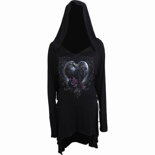 Spiral Ladies Hooded T-Shirt Dress: Raven Heart