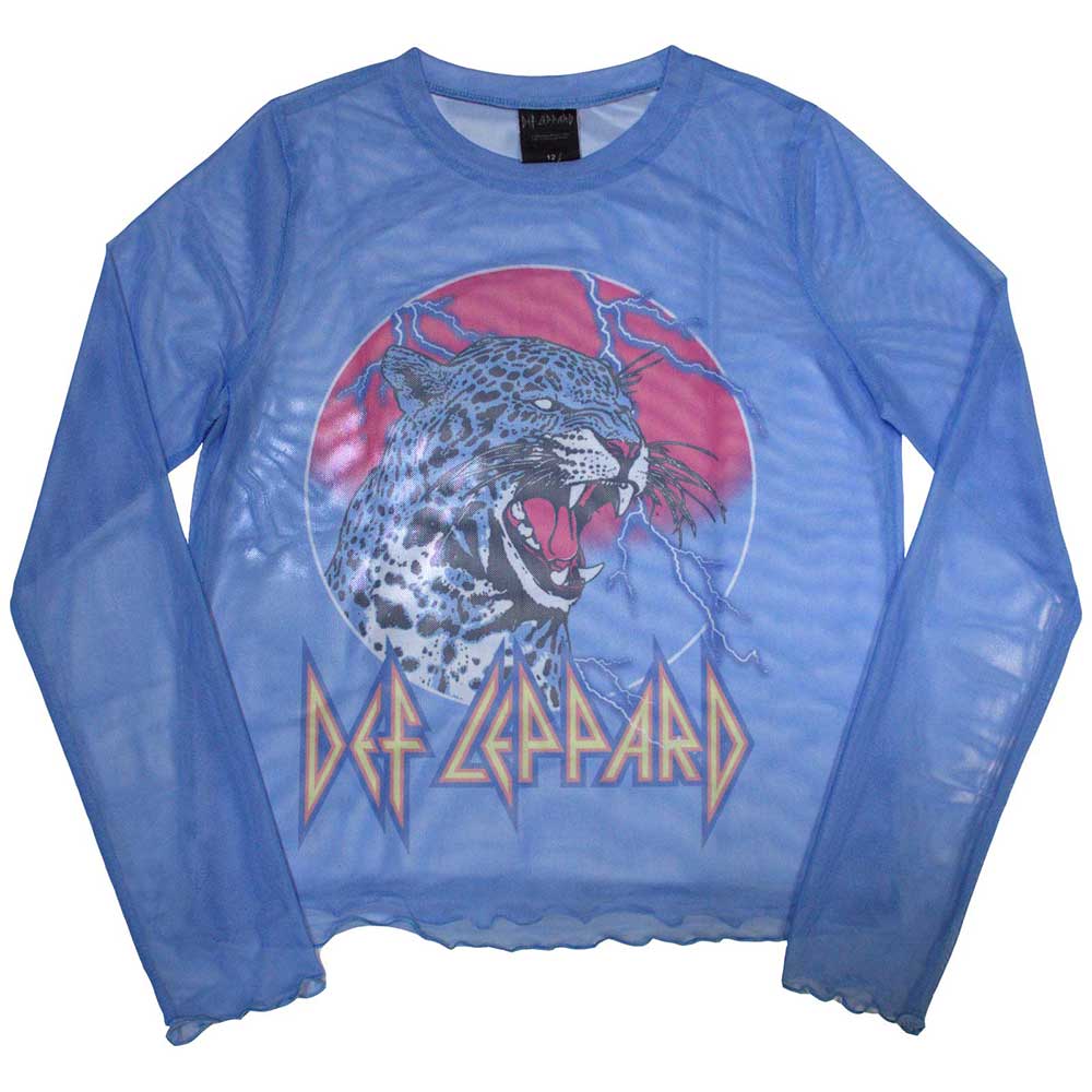 Def Leppard Ladies Long Sleeve Mesh Crop Top: Lightning Leopard