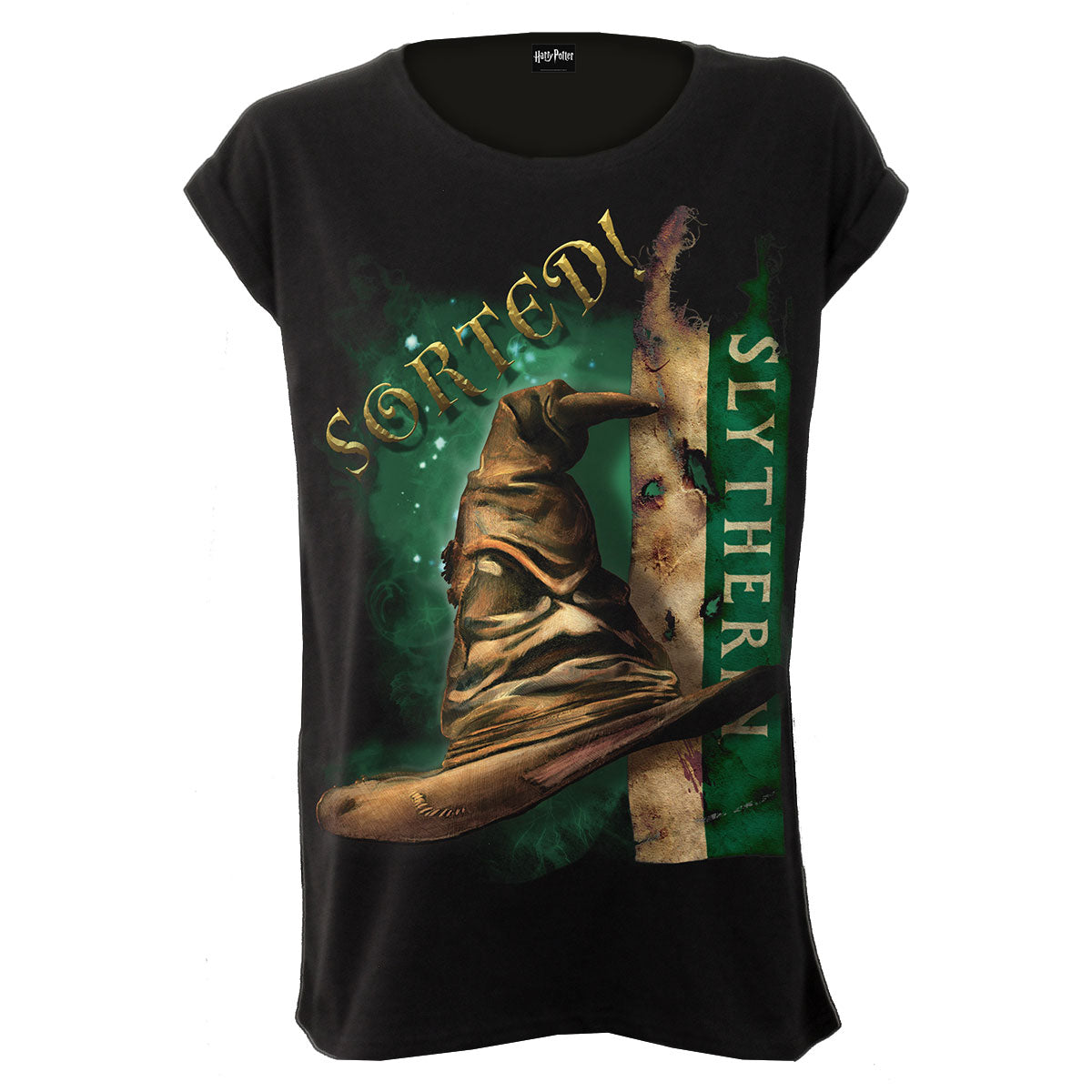 Harry Potter Ladies Boatneck Cap Sleeve T-Shirt: Slytherin Hat