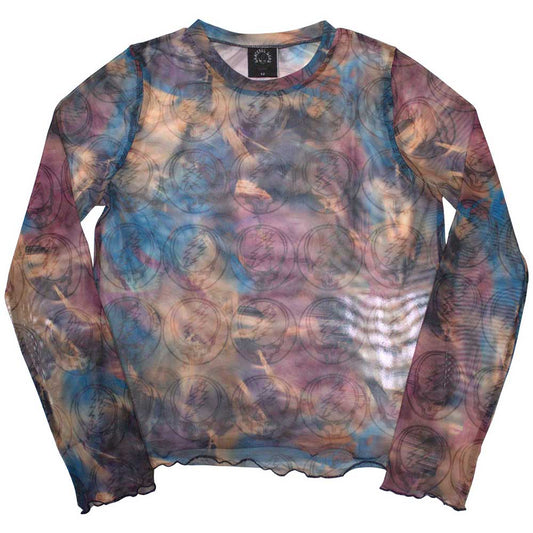 Grateful Dead Ladies Long Sleeve Mesh Crop Top: Stealy AOP