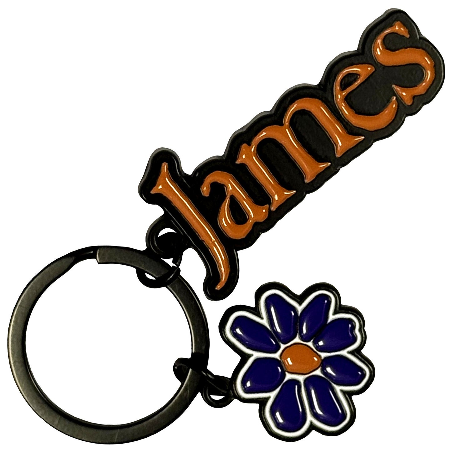 James Keychain: Orange Logo Purple Daisy Charm