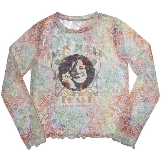 Janis Joplin Ladies Long Sleeve Mesh Crop Top: Pearl