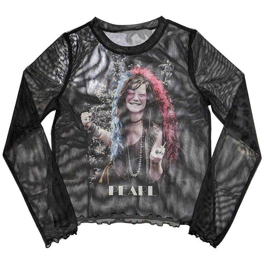 Janis Joplin Ladies Long Sleeve Mesh Crop Top: Pearl Garden