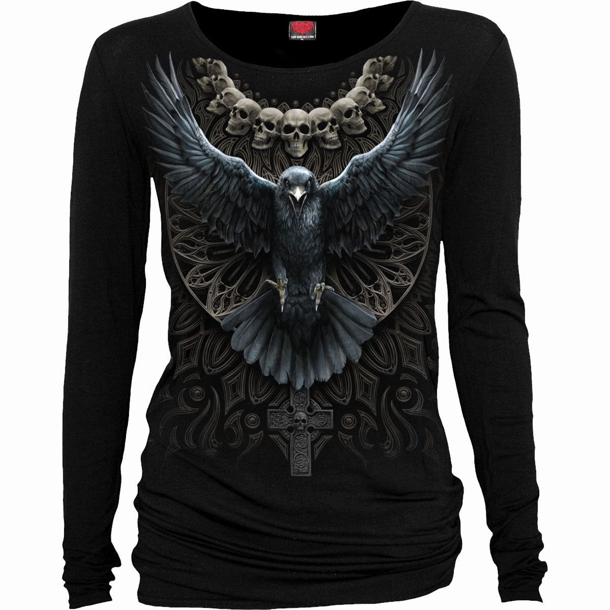 Spiral Ladies Long Sleeve Baggy T-Shirt: Raven Skull