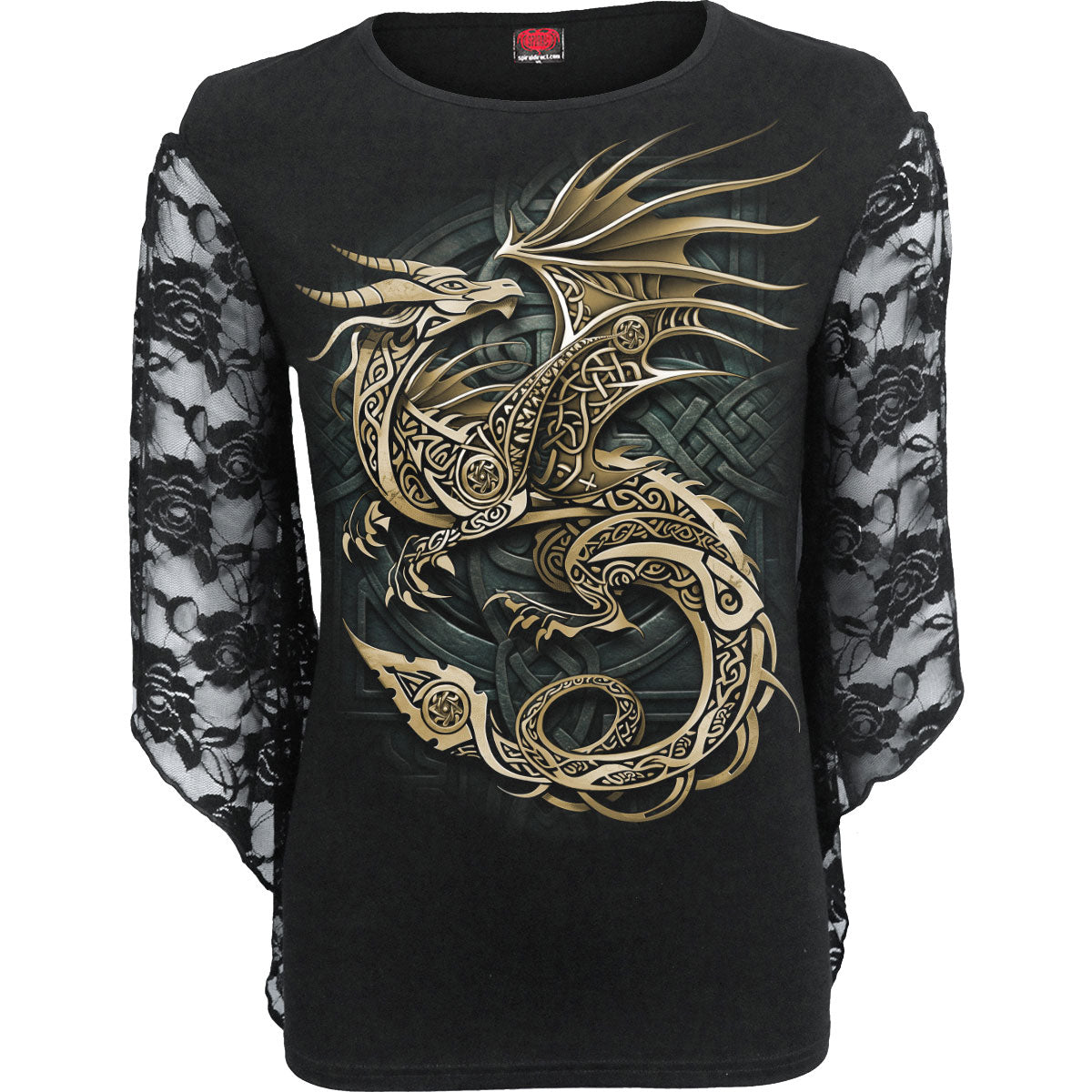 Spiral Ladies Rose Lace Sleeve Top: Celtic Dragon