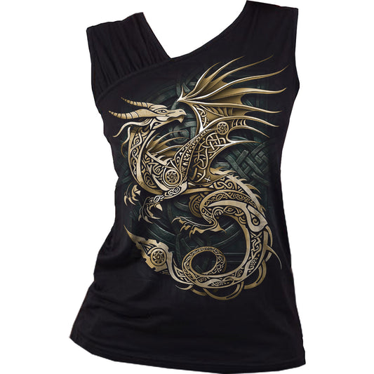 Spiral Ladies Gathered Shoulder Slant Vest T-Shirt: Celtic Dragon