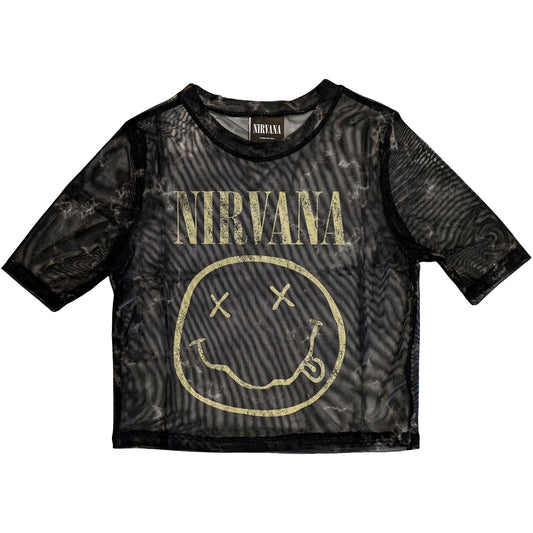 Nirvana Ladies Mesh Crop Top: Yellow Happy Face