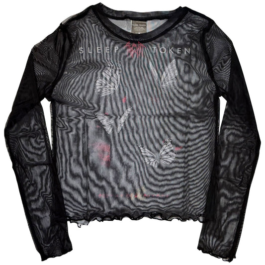 Sleep Token Ladies Long Sleeve Mesh Crop Top: Butterflies