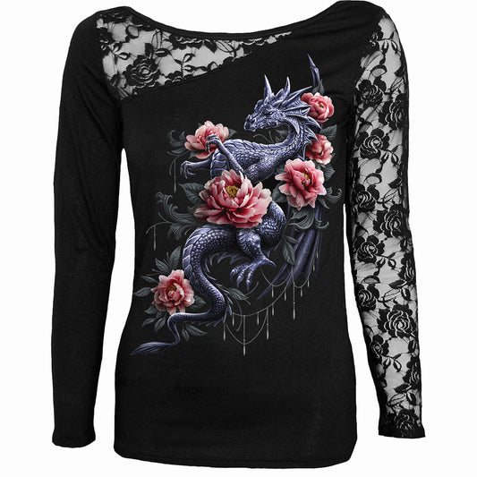 Spiral Ladies Lace One Shoulder Top: Dragon Rose Slant