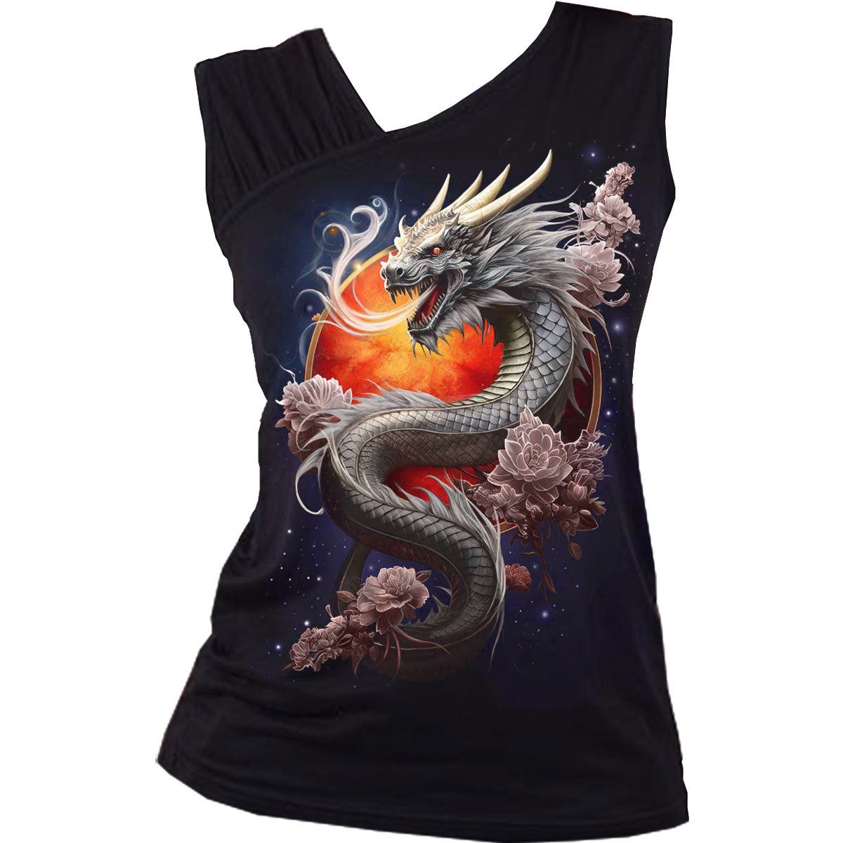 Spiral Ladies Gathered Shoulder Slant Vest T-Shirt: Sun Dragon